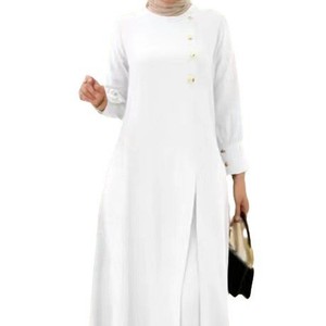 Envío listo, <span class=keywords><strong>Camisa</strong></span> larga de mujer musulmana de Oriente Medio con abertura frontal de Color liso con pantalones anchos, conjuntos de ropa - Product Image 1