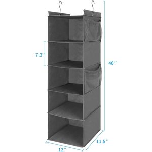 Organisateur de placard suspendu à 5 étagères, gris, pliable, avec 4 poches latérales pour utilisation derrière la porte - Product Image 3