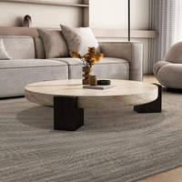 Table basse ronde au design minimaliste, mobilier de salon d'appartement, base en bois massif et table basse en marbre