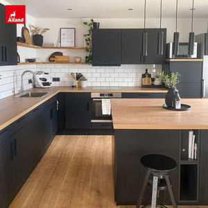 Armoires de cuisine modulaires en contreplaqué mat en forme de L Alland avec portes en <span class=keywords><strong>verre</strong></span> et robinet - Îlot de cuisine moderne pour appartement - Product Image 2