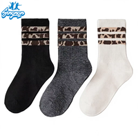 Chaussettes en tricot SN pour femmes, chaussettes décontractées mi-mollet, imprimé léopard, trois rayures, double rayure, chaussettes de sport rétro