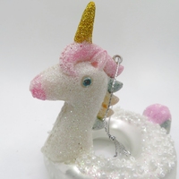 Unicorn Cantik Warna Pink dan Emas Berkilau dengan Cincin Tiup Perak, Manik-manik Putih Mutiara, Ornamen Kaca, Figur untuk Natal
