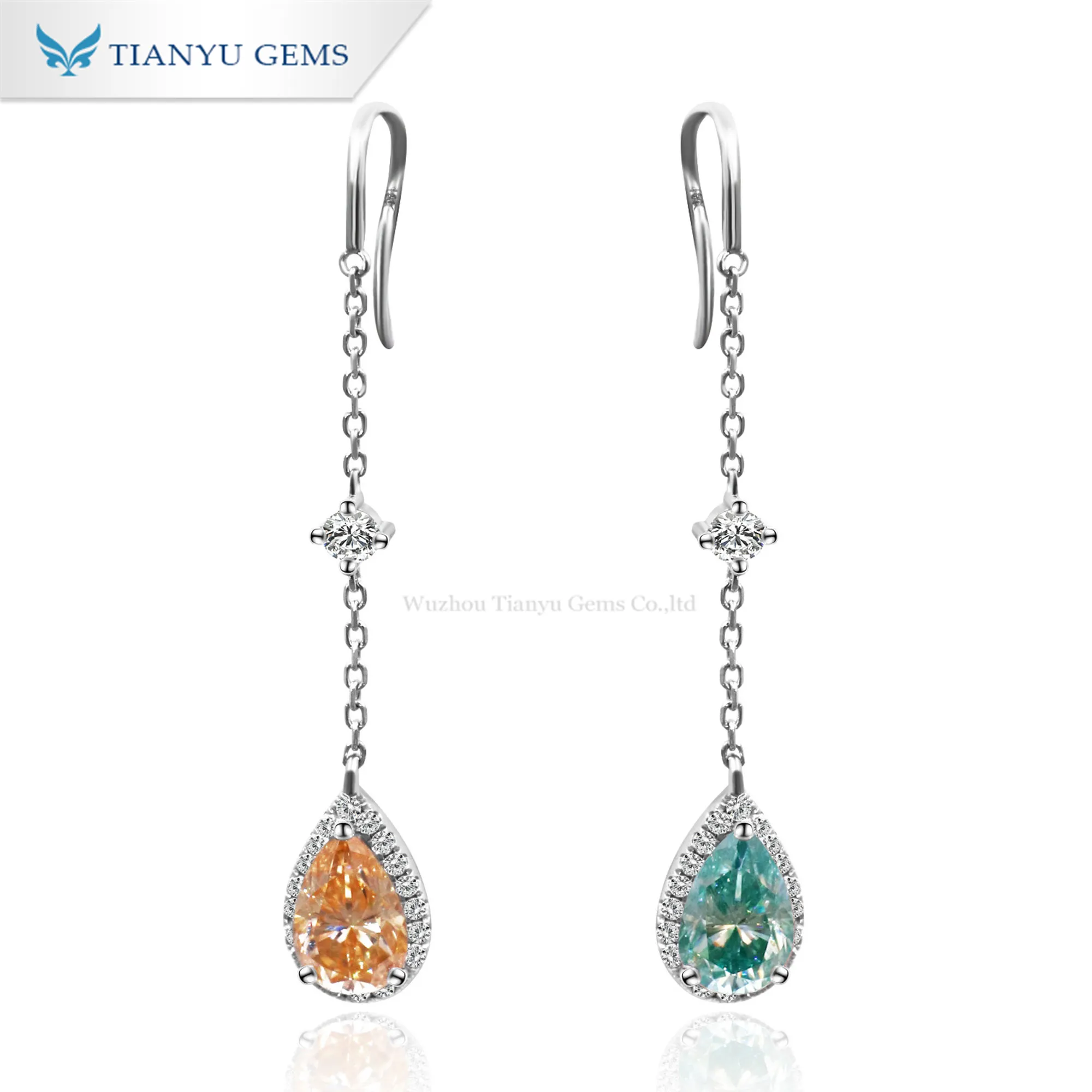 Tianyu gems drop earring 1ct COLOR moissanite pear shape white gold material women long earring