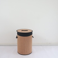 Panier à linge rond en bambou tressé avec couvercle et doublure, panier de rangement pour vêtements sales fait à la main pour la salle de bain et la chambre