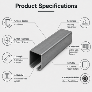 Rail en profil C 42x54x2,5 mm pour <span class=keywords><strong>portail</strong></span> <span class=keywords><strong>coulissant</strong></span>, tôle d'acier galvanisé (1-6 m) Système de suspension - Product Image 3