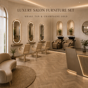 Ensemble de mobilier de salon de luxe kaki : 3 fauteuils de barbier, 3 miroirs LED, 2 stations de lavage de cheveux, comptoir d'accueil, canapé d'attente – Solution complète pour votre salon - Product Image 1