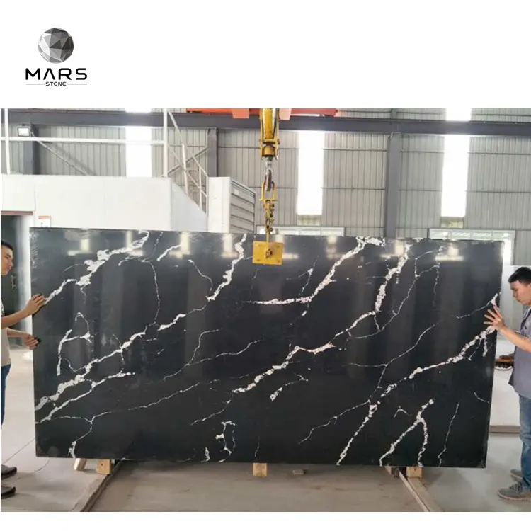 Black Marquina Artificial Quartz Stone Slab With White Vein For Kitchen Countertop