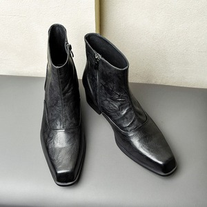 New autumn winter square-<b>toe</b> high-heeled boots men increasing height <b>by</b> 5cm English-style side-zip genuine leather short boots - Product Image 4