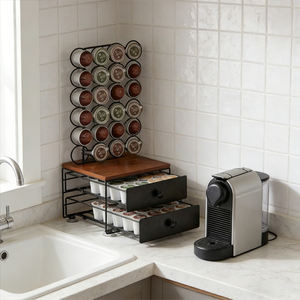 ที่เก็บแคปซูลกาแฟแบบมีลิ้นชัก 2 ชั้น สำหรับ <span class=keywords><strong>Nespresso</strong></span>  ความจุ 56 แคปซูล  พร้อมท็อปไม้สไตล์ Rustic และชั้นวางโลหะ - Product Image 3