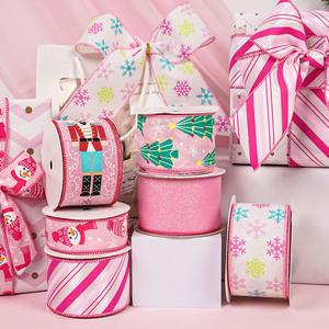 Ruban <span class=keywords><strong>de</strong></span> Noël à bordure filée rose, pour l'hiver, les fêtes, les loisirs créatifs, motif buffle, Père Noël, bonhomme <span class=keywords><strong>de</strong></span> neige, flocon <span class=keywords><strong>de</strong></span> neige, sapin <span class=keywords><strong>de</strong></span> Noël, pour emballage cadeau - Product Image 1