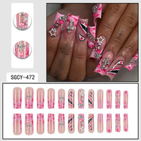 Venta al por mayor de fábrica: Uñas postizas de ataúd largas de ABS con pegamento, estilo Y2K, patrón rosa, 24 unidades, diseño y especificaciones.