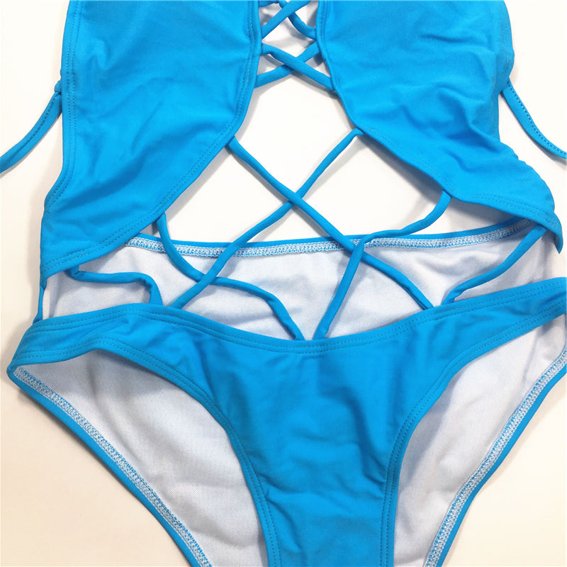 Solid color sky blue swimwear backless swimsuit multi-binding belt sexy one-piece swimwear