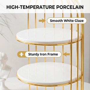 2 Tier <strong>Gold</strong> Birdcage Cake Stand with 8 Inch Porcelain Plates Factory Direct Luxury Dessert Server Bulk Discount - Product Image 4