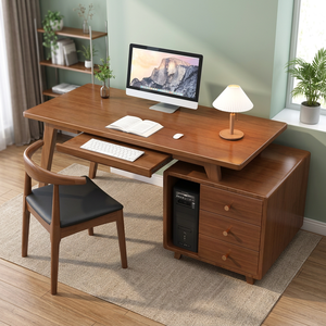 Modern Minimalist Wooden <b>Computer</b> <b>Desk</b> Set Featuring Ergonomic Chair and Spacious Side Drawers Made in Indonesia - Product Image 2