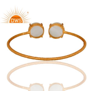 Round White Moonstone Gemstone Bangle Textured Yellow <b>Gold</b> Plated Silver <b>Adjustable</b> Bangle Jewelry Supplier - Product Image 3