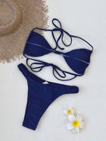 TW 2026 mode baru warna Solid tali pinggang rendah Bikini seksi punggung terbuka tiga titik baju renang pinggang rendah Bikini wanita
