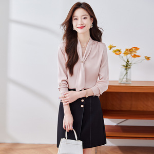 Women's Chiffon Blouse With Ribbon Tie Long Sleeve Work Shirt Elegant Office Wear - Product Image 4