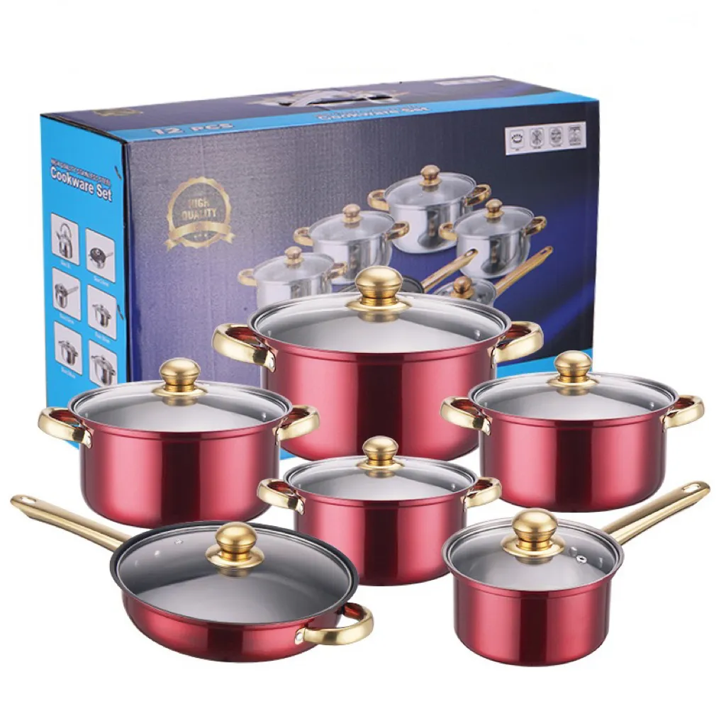 12-Mảnh Đồ Nấu Nướng Đặt Thép Không Gỉ Không Dính Skillet Rượu Vang Đỏ Chất Lượng Cao Skillet Stockpot Burgundy Nồi Bộ