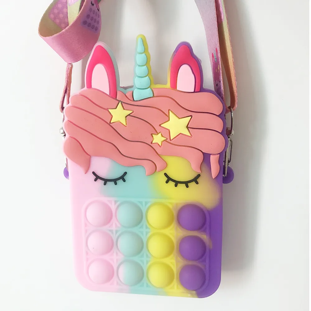 Portable Rainbow Silicone Pop Fidget Bag Push Popper Purse Kids Crossbody Bag for School Supplies Relief Stress Sensory Handbag
