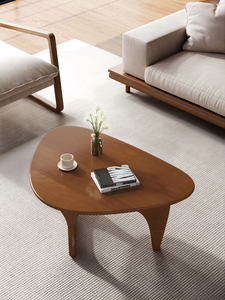 Mesa de Centro de Madera Sólida Oscura, Diseño Irregular, Base con Recorte Hueco, Estilo Minimalista para Sala de Estar - Product Image 6