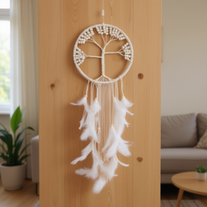 Atrapasueños con diseño de árbol de la vida, 20x70cm, plumas blancas, decoración para colgar en la pared, estilo bohemio, arte hecho a mano - Product Image 2