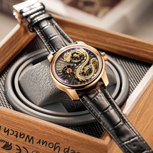 Reloj Automático OBLVLO con Diseño de Dragón Dorado 3D con Ruedas, Reloj Clásico de Cuero con Estampado de Cocodrilo Superluminoso para Hombre, JM-DRAGON - Product Image 2