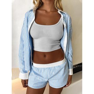 Womens Striped 2 Piece Outfit Button Down Shirt And Casual Shorts Lounge Wear <b>Matching</b> Set Breathable Woven Fabric - Product Image 3