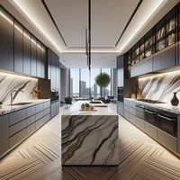 Lemari Dapur Modular CBMmart RTA Desain Pintu Kaca Rangka Aluminium Kustom Kerangka Kayu Lapis Laci Laminasi Keranjang LED Strip