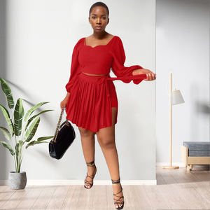 New Design Casual Slit Sleeve Crop Top Pleated Lace up Skirt 2 Piece <b>Set</b> Women Fashion - Product Image 3