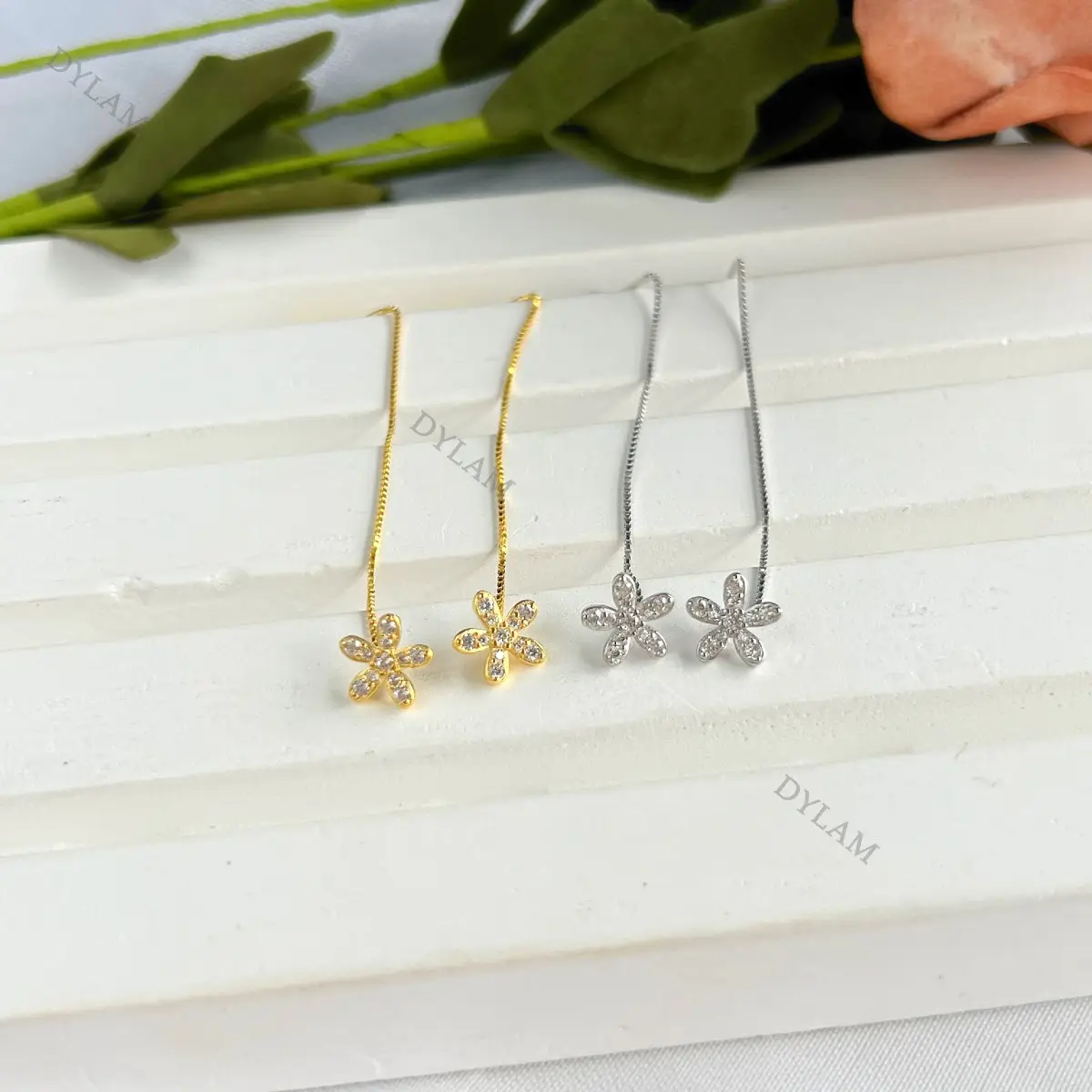 Dylam Women 925 Sterling Silver Ear Jewelry Zircon strip shape18 k Gold Plated long tassel small flower screw drop Earrings