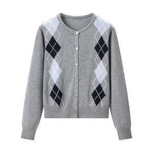 Cardigã de Tricô de Manga Longa com Padrão Geométrico em 2 Cores, Estilo Casual de Outono para Mulheres, Moda Preppy - Product Image 2