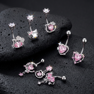 CRYSPURE 14g <span class=keywords><strong>Piercing</strong></span> all'<span class=keywords><strong>Ombelico</strong></span> in Acciaio Inossidabile per Ragazze, con Zircone Rosa e Motivi Gatto e Cuore, Gioielli per il Corpo, Ingrosso OEM - Product Image 4