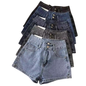 Hot Selling Women's Denim Shorts High Waist Summer Casual Frayed Hem Blue <b>Jean</b> Shorts With Pockets Button Front Design - Product Image 2