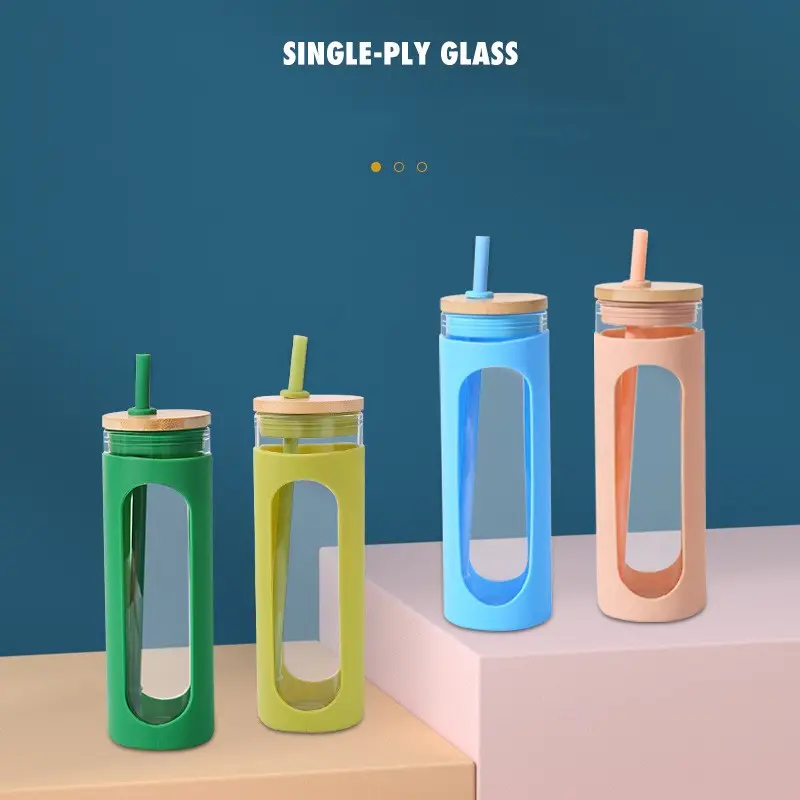 Garrafas de água reutilizáveis, garrafas de vidro com boca larga e reutilizáveis, com marcador de tempo, lembrete, luva protetora e tampas