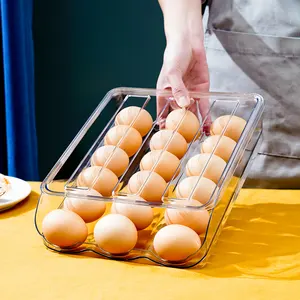 Clear Plastic Egg Organizer For Refrigerator Fridge Egg Holder Roll Down Egg Dispenser With Lids