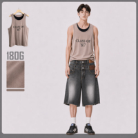 Débardeur sans manches pour homme gris chiné avec bordure contrastante, col rond, imprimé graphique « Classe de 87 », style vintage streetwear personnalisé