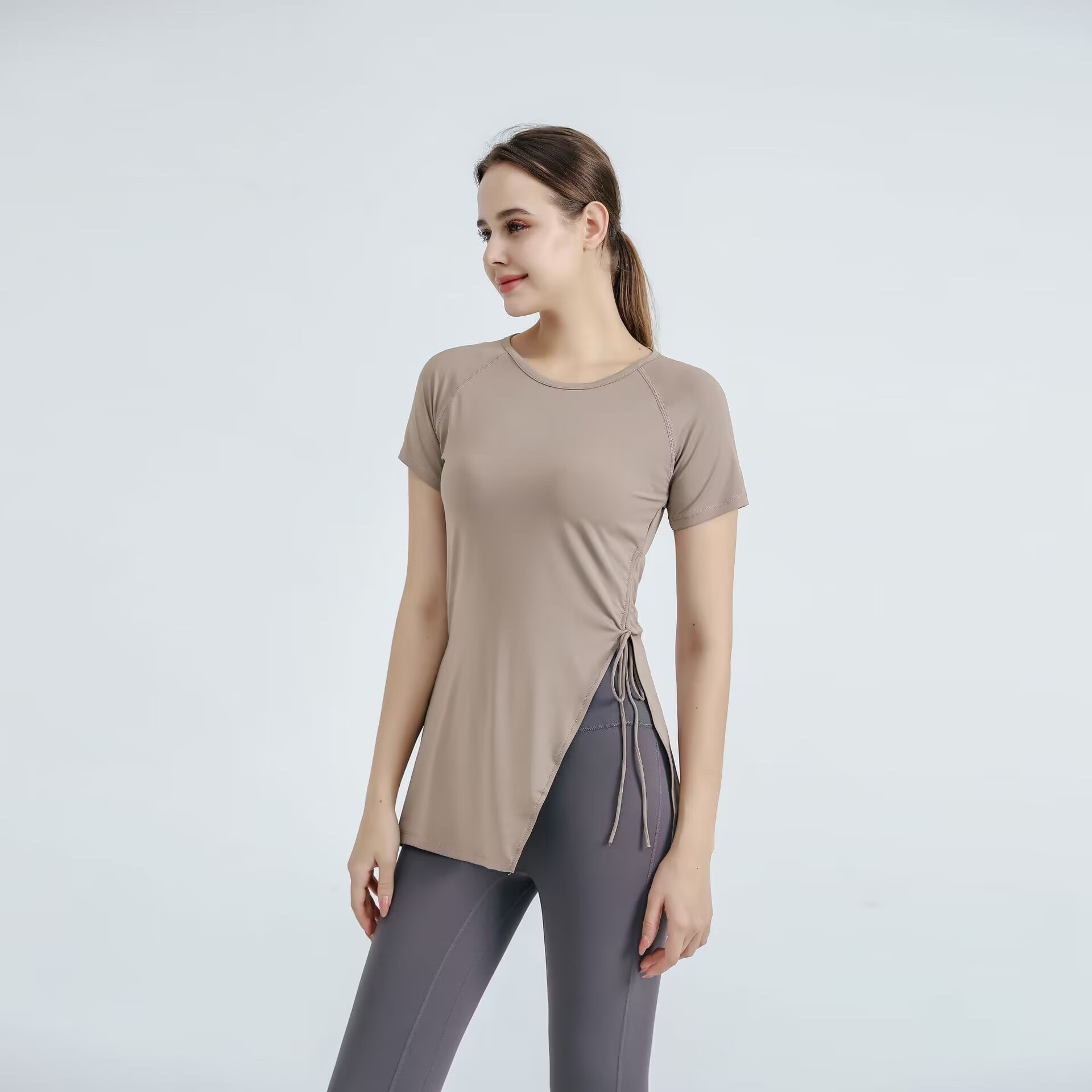 Women's High Waist Yoga Training Shirt Stretch Drawstring Quick Drying Feature Breathable Printed Short Solid Color Fitness Wear