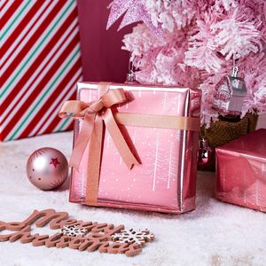 Reversible Christmas Wrapping Paper <b>Pink</b> Winter Forest Tree Design Metallic Foil 17x33 Feet Gift Craft Eco-Friendly - Product Image 6