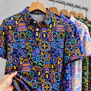 Polo de golf à manches courtes avec imprimé néon Casino, motif intégral par sublimation, personnalisable avec logo, fabricant de vêtements. - Product Image 1