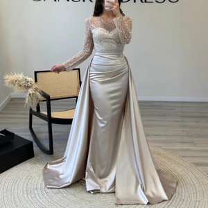 Evening Gown Long Sleeve <b>Sequined</b> Sweetheart Neckline Natural Waist Satin <b>Skirt</b> Formal Party Dress Women - Product Image 3