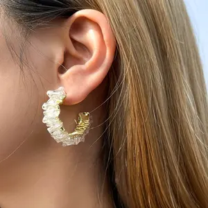 Sindlan New Arrival Ladies White Crystal Cutout Large Earrings Gold Big Hoop Earrings For Women