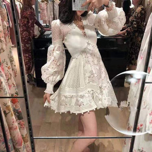 White V-neck <b>Lace</b> Dress <b>Elastic</b> Waist A-Line Casual Daily Wear Women's Long Sleeve Midi Skirt 2113 - Product Image 1