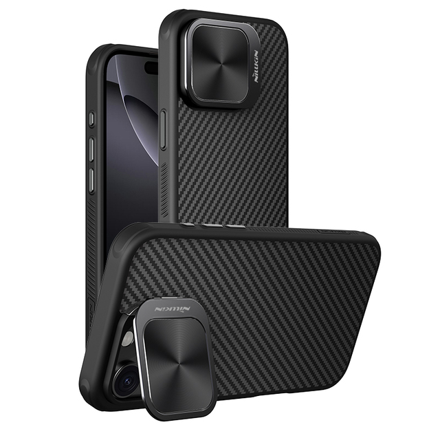Nillkin Real Aramid Fiber for iPhone 16 Pro Case, Shockproof Magnetic Phone Cover Carbon Fiber Design With Lens Cover Stand