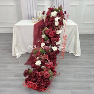 Chemin de table en fleurs artificielles rouges de 200 cm, arrangement floral mixte de roses, d'hortensias et de pivoines rouge foncé, décoration de table - Product Image 6