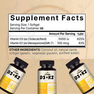 OEM/ODM Aegelwell Vitamine <span class=keywords><strong>D3</strong></span> + <span class=keywords><strong>K2</strong></span> <span class=keywords><strong>5000</strong></span> UI Gélules Molles <span class=keywords><strong>D3</strong></span> <span class=keywords><strong>K2</strong></span> Supplément MK-7 <span class=keywords><strong>K2</strong></span> à base d'huile de coco pour le soutien des os et du cœur - Product Image 5