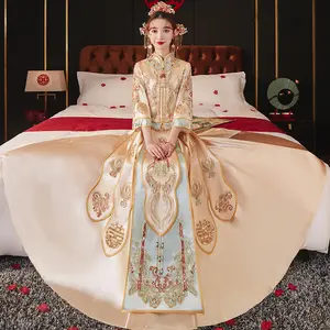 S0108G Vestido de noiva Xiuhe dourado para mulheres, vestido de noiva novo com dragão Phoenix, roupa chinesa para serviço de árvores e vento, vestido de noiva chinês de grande venda