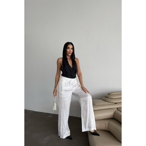 Pantalon large décontracté en satin jacquard respirant pour femme, taille élastique, blanc, taille XL, avec bande latérale décorative colorée - Product Image 3