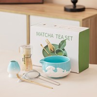 Ensemble de cérémonie du thé japonais en porcelaine : support Chasen, bol à Matcha à motif vague en relief, kit cinq pièces, design fleur de cerisier en poudre, durable et écologique