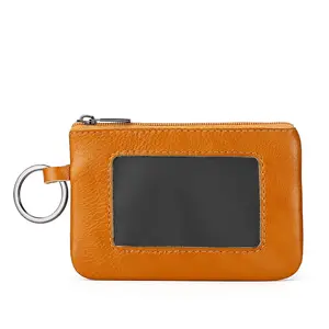 Small Card Holder Wallet Short Genuine Cow Leather Mini Zipper Coin Purse with Key Ring Storage Bag