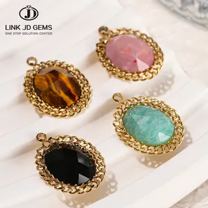 JD GEMS Stainless Steel Gold Color Plated Natural Stone Turquoise Agate Amazonite Tiger Eyes Stone Star Oval Charm Pendant